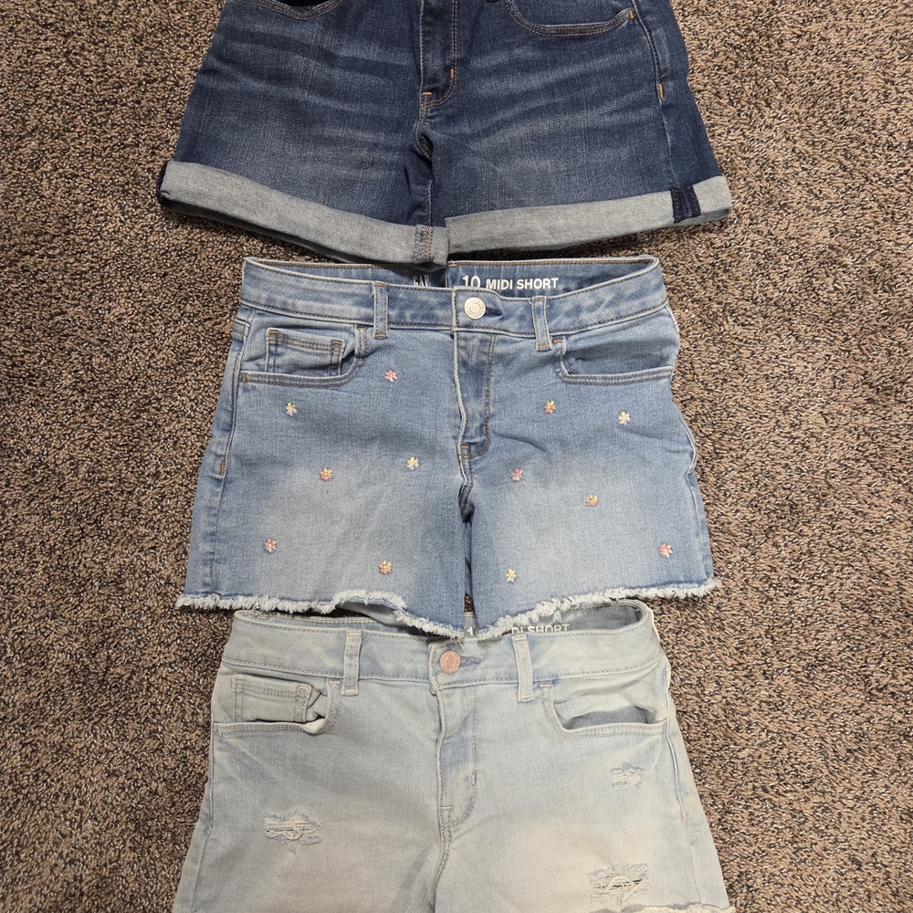 GAP Girls Sz 10 MIDI Denim Shorts Set - Dark Blue, Light Blue, Distressed Blue